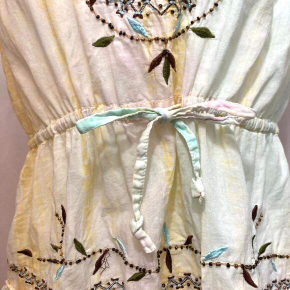 Vintage Y2K Tokyo Denim Bank Yellow Silk Hippie Embroidery Bead Tank Blouse Top - Picture 5 of 12